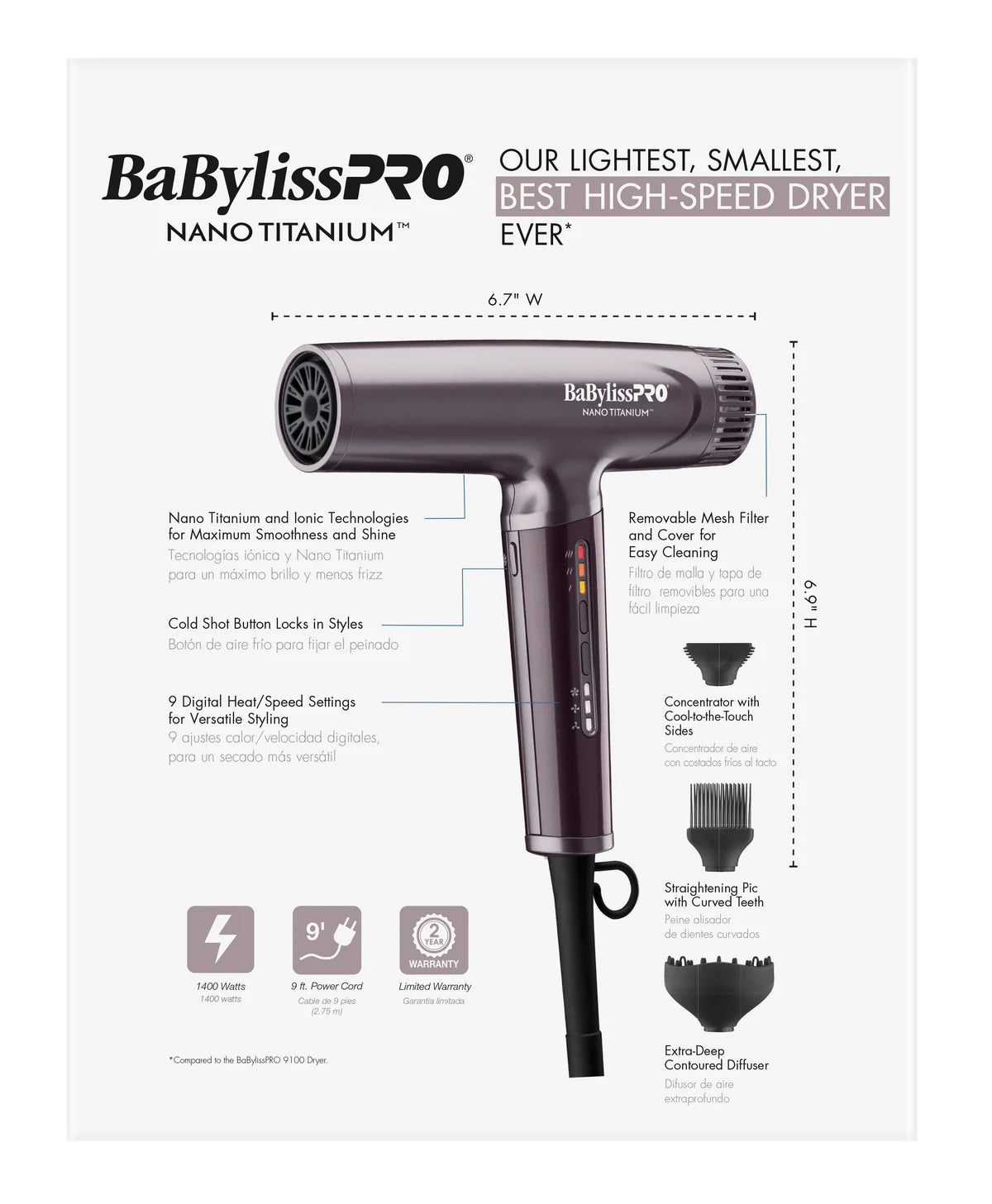 BaBylissPRO Nano Light Ionic Hair Dryer - Purple