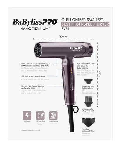 BaBylissPRO Nano Light Ionic Hair Dryer - Purple